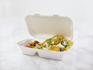 Nourish Moulded Fibre 2 Compartment Clamshell Food Box 9x6"